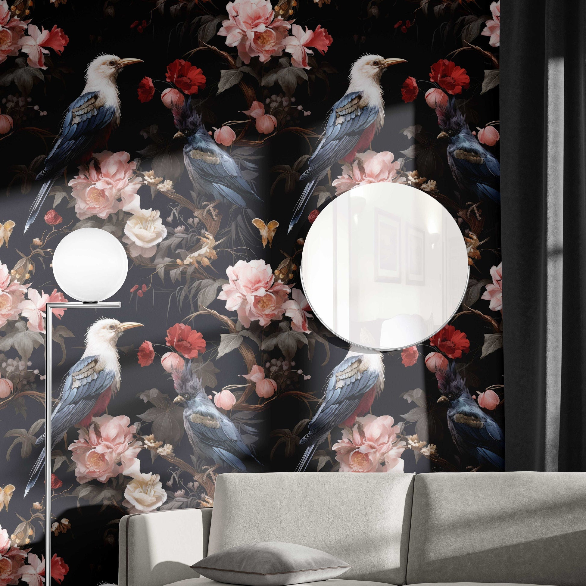 Birds Botanicals Unite Dark Floral Wallpaper Pattern – peel and stick wallpaper mural, Golden Era Walls