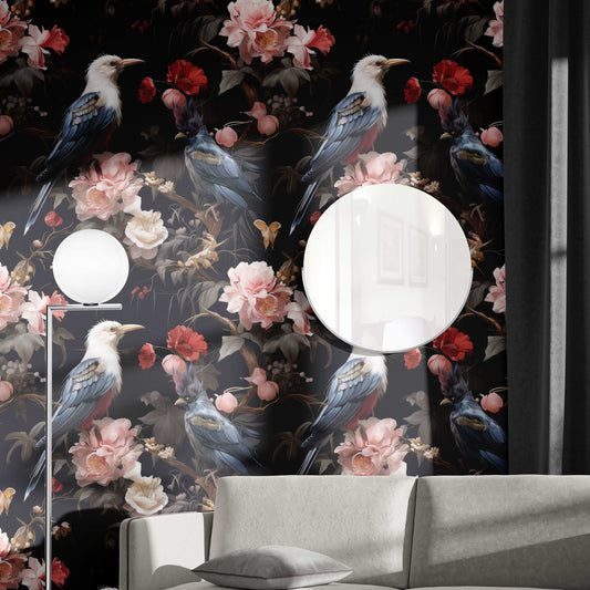 Birds Botanicals Unite Dark Floral Wallpaper Pattern – peel and stick wallpaper mural, Golden Era Walls