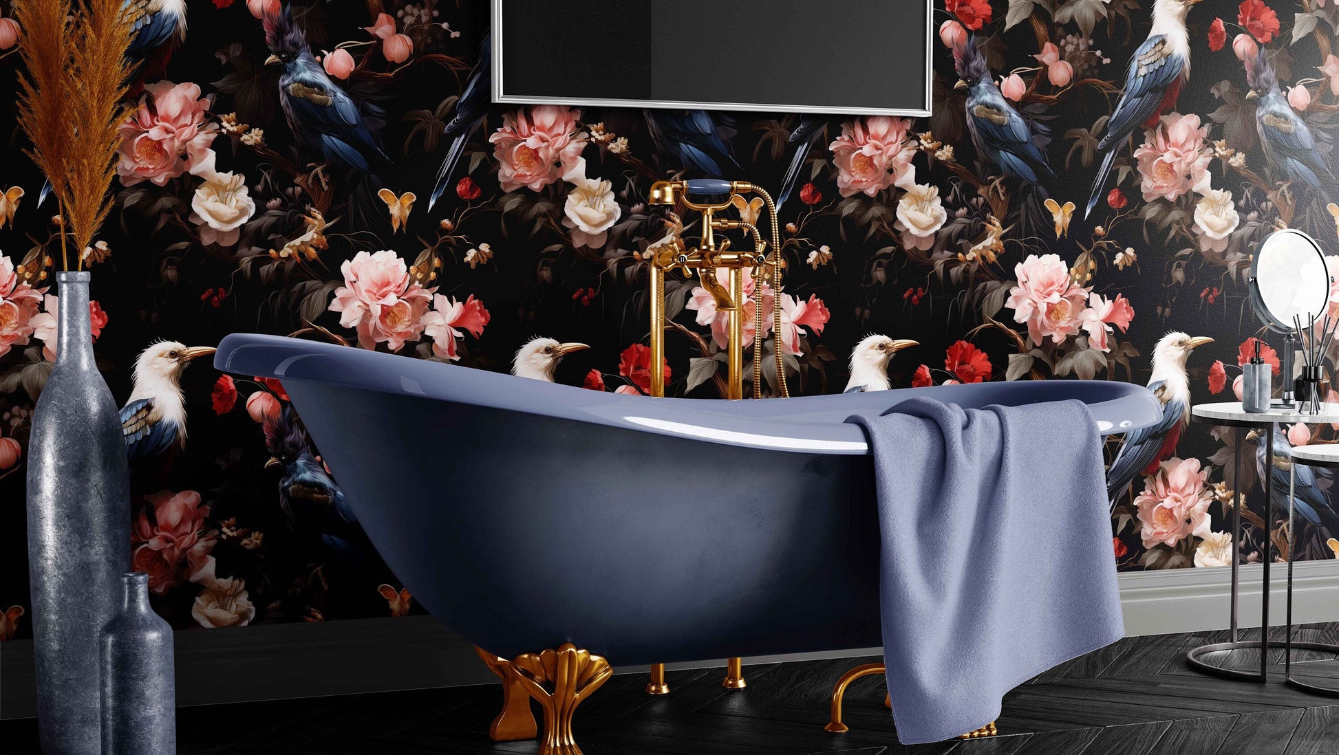 Birds Botanicals Unite Dark Floral Wallpaper Pattern – alternate view, Golden Era Walls
