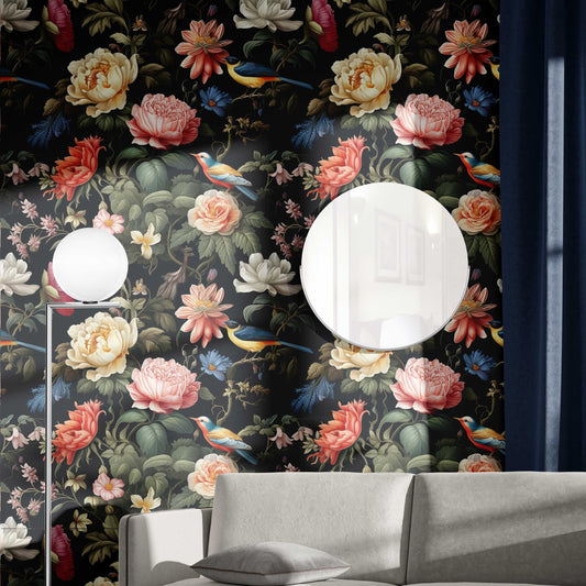 Dark Floral Secret Garden Floral Wallpaper – room setting, Golden Era Walls