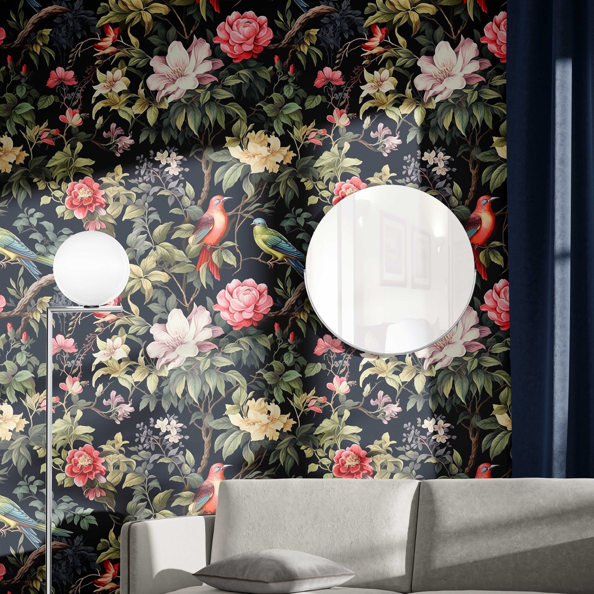 Secret Garden Birds Dark Floral Wallpaper – room setting, Golden Era Walls