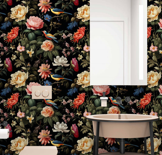 Dark Floral Secret Garden Floral Wallpaper – peel and stick wallpaper mural, Golden Era Walls