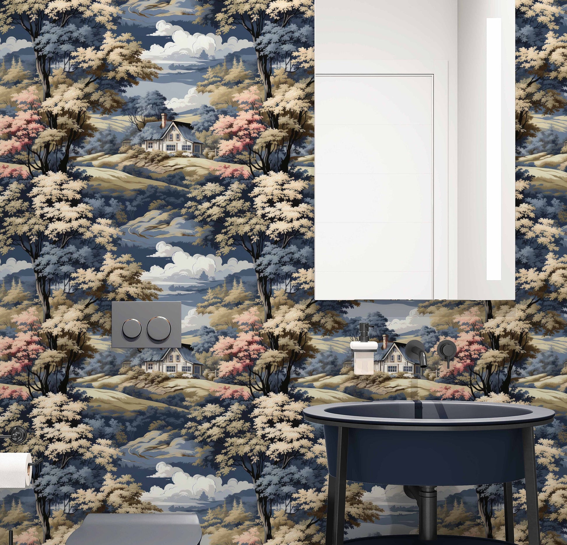 Vintage Toile Modern Twist Floral Wallpaper – room setting, Golden Era Walls