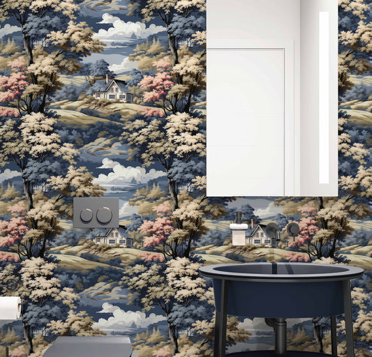 Vintage Toile Modern Twist Floral Wallpaper – room setting, Golden Era Walls