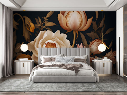Floral Dark Peony Blossom Floral Wallpaper – room setting, Golden Era Walls
