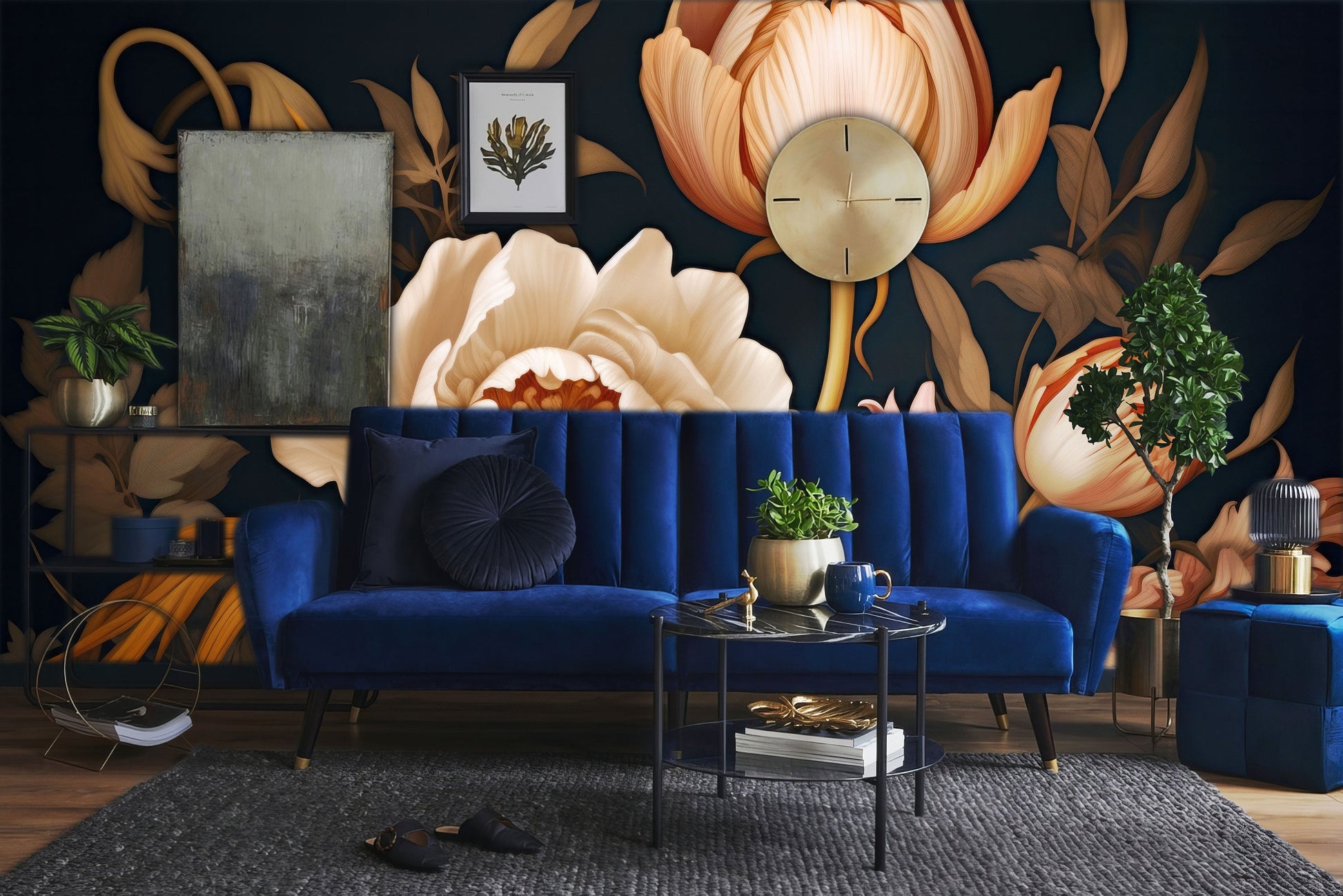 Floral Dark Peony Blossom Floral Wallpaper – lifestyle view, Golden Era Walls