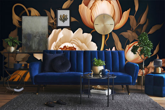 Floral Dark Peony Blossom Floral Wallpaper – lifestyle view, Golden Era Walls