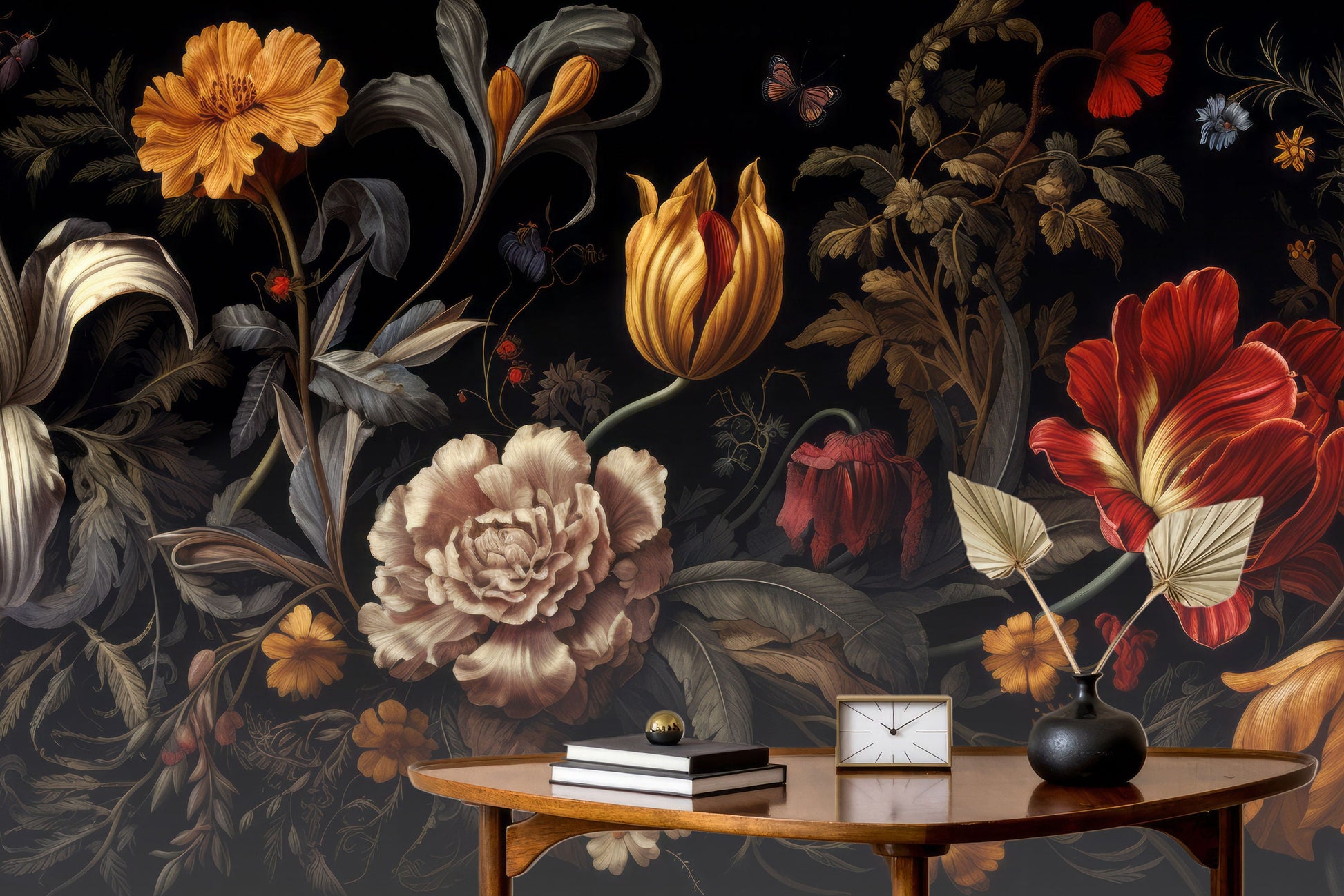 Floral Watercolor Peonies Dark Floral Wallpaper – room setting, Golden Era Walls