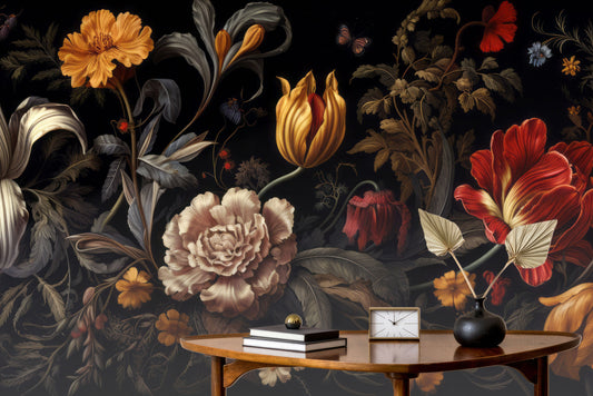 Floral Watercolor Peonies Dark Floral Wallpaper – room setting, Golden Era Walls