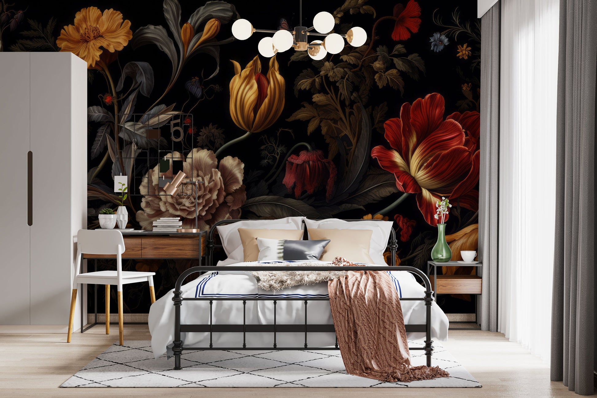 Floral Watercolor Peonies Dark Floral Wallpaper – detail view, Golden Era Walls