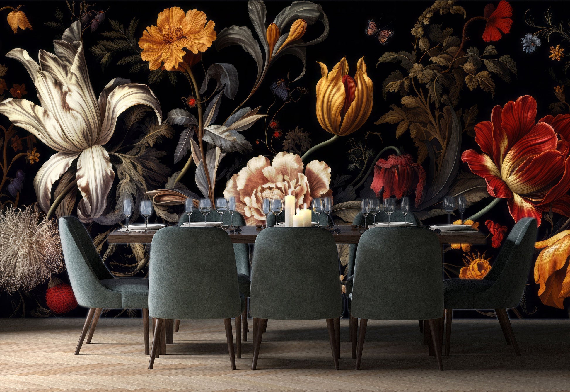 Floral Watercolor Peonies Dark Floral Wallpaper – peel and stick wallpaper mural, Golden Era Walls