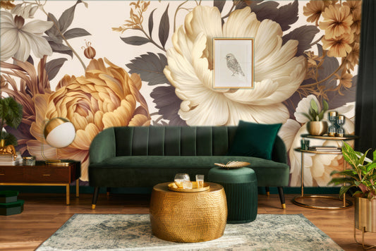 Gold Peony Watercolor Soft Floral Wallpaper – lifestyle view, Golden Era Walls