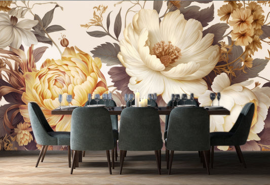 Gold Peony Watercolor Soft Floral Wallpaper – room setting, Golden Era Walls