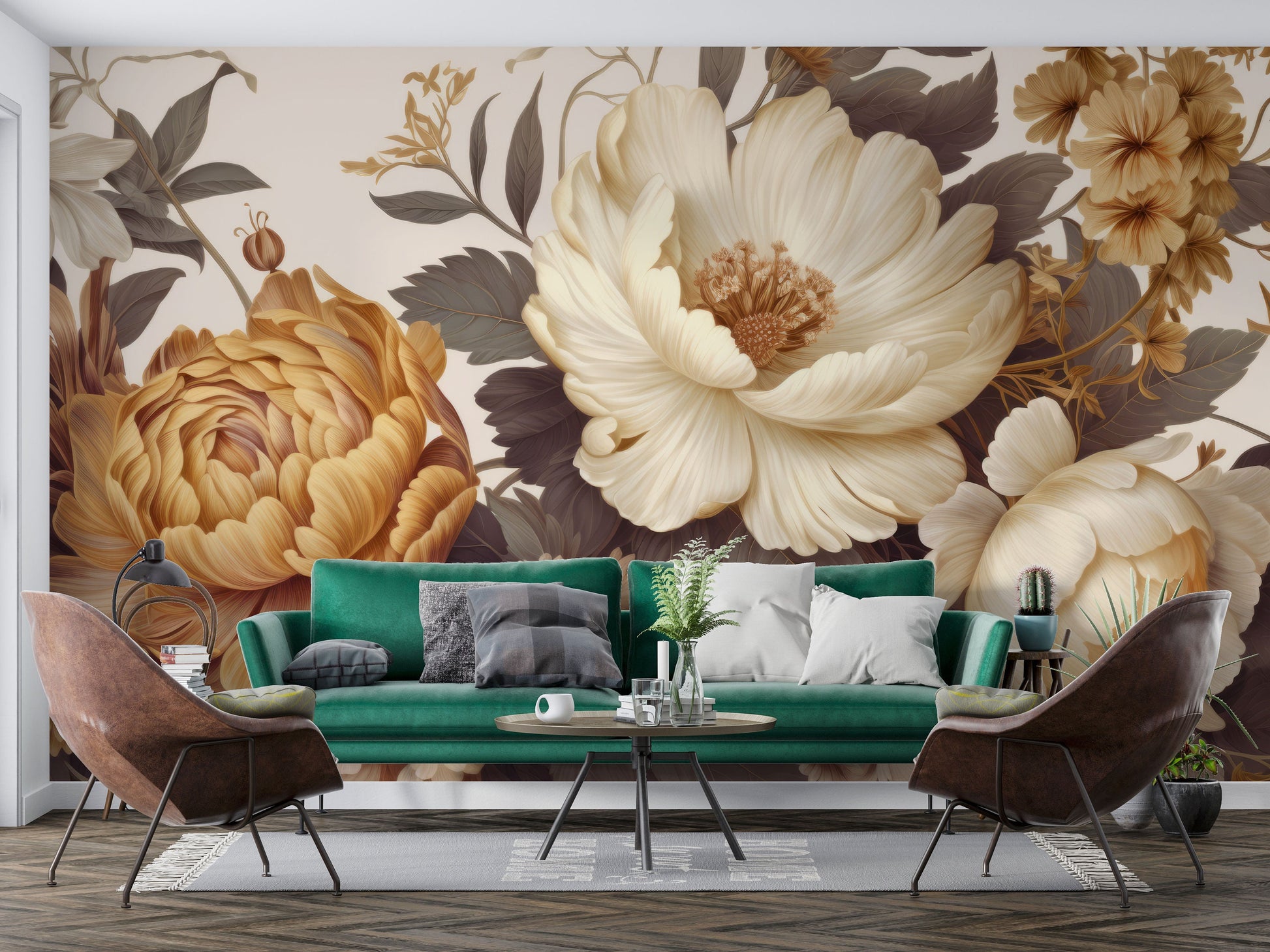 Gold Peony Watercolor Soft Floral Wallpaper – scale reference, Golden Era Walls