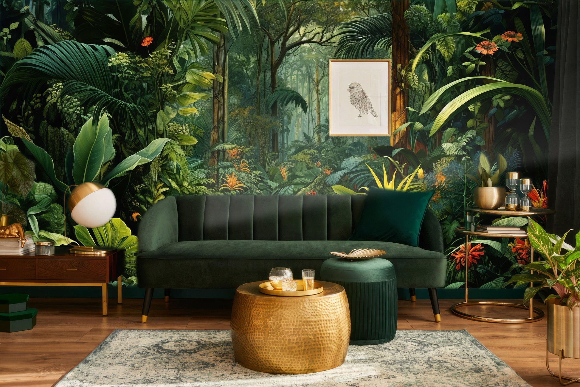 Tropical Forest Watercolor Jungle Tropical Wallpaper – room setting, Golden Era Walls