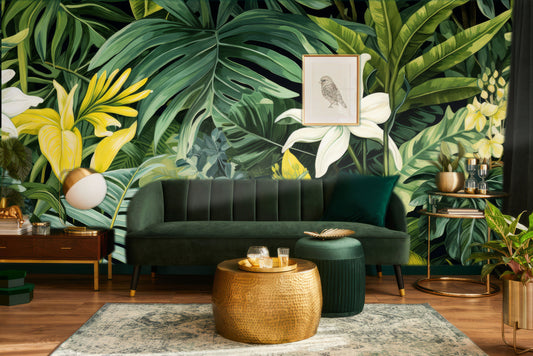 Tropical Green Leaves Tropical Wallpaper – lifestyle view, Golden Era Walls