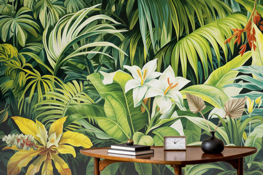 Vintage Tropical Leaf Watercolor Floral Wallpaper – detail view, Golden Era Walls