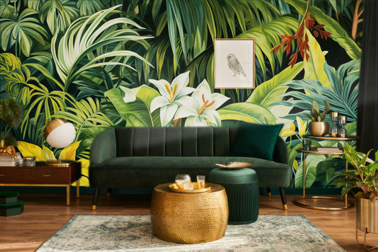 Vintage Tropical Leaf Watercolor Floral Wallpaper – peel and stick wallpaper mural, Golden Era Walls