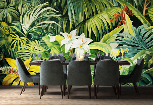 Vintage Tropical Leaf Watercolor Floral Wallpaper – room setting, Golden Era Walls