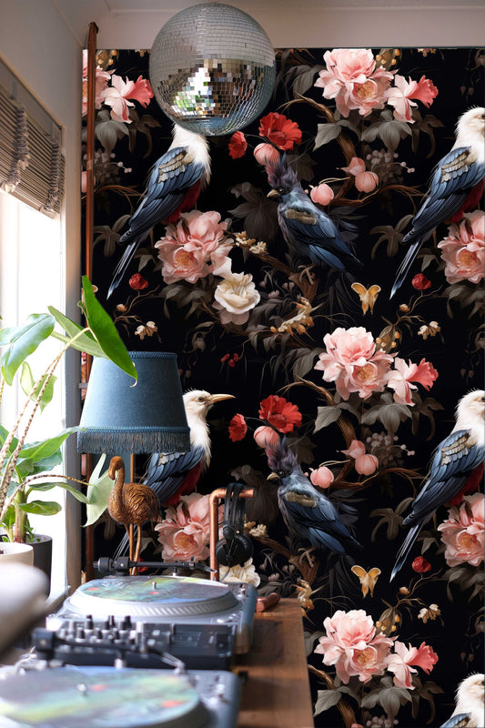Dark Floral Birds Moody Floral Wallpaper – lifestyle view, Golden Era Walls