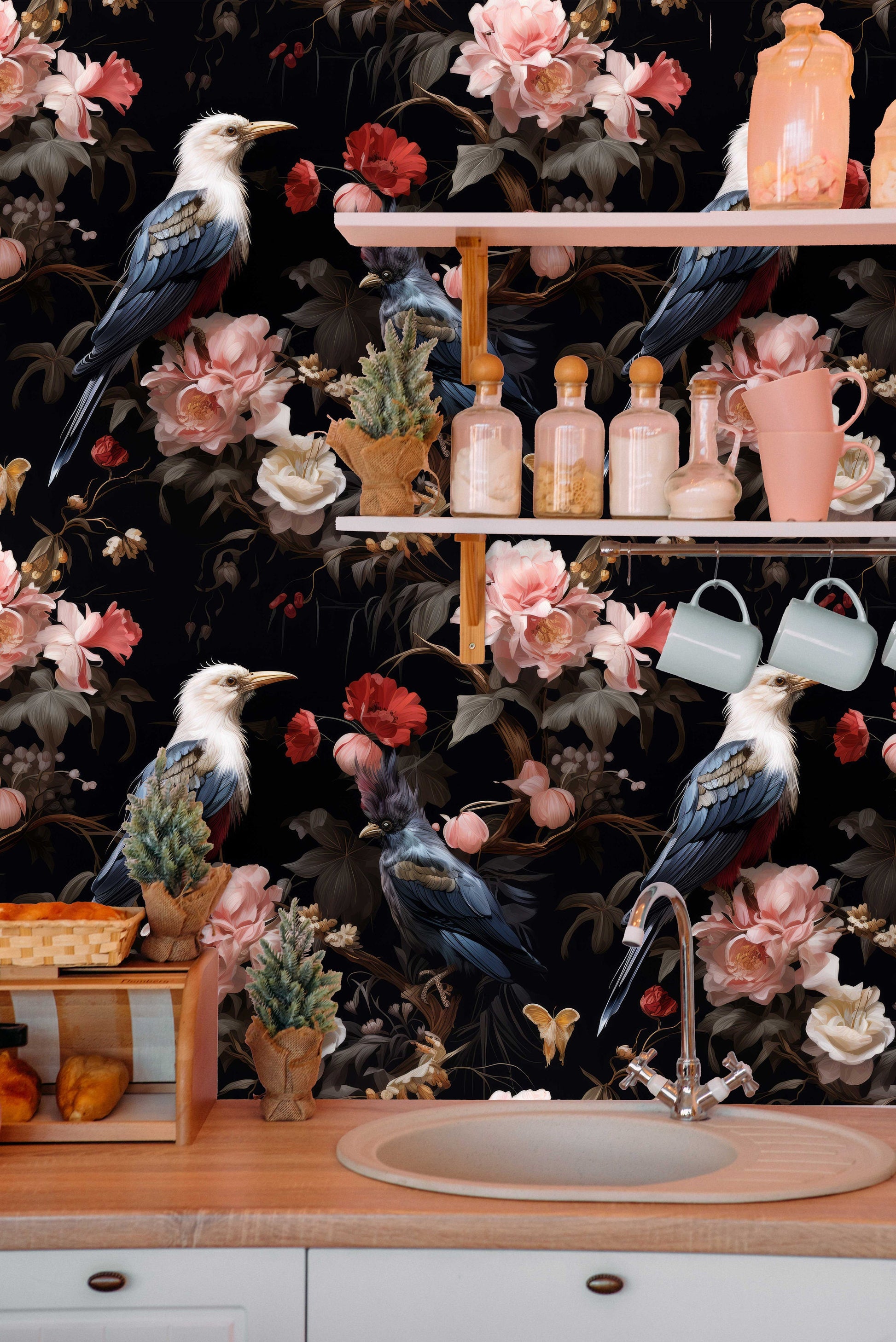 Dark Floral Birds Moody Floral Wallpaper – room setting, Golden Era Walls