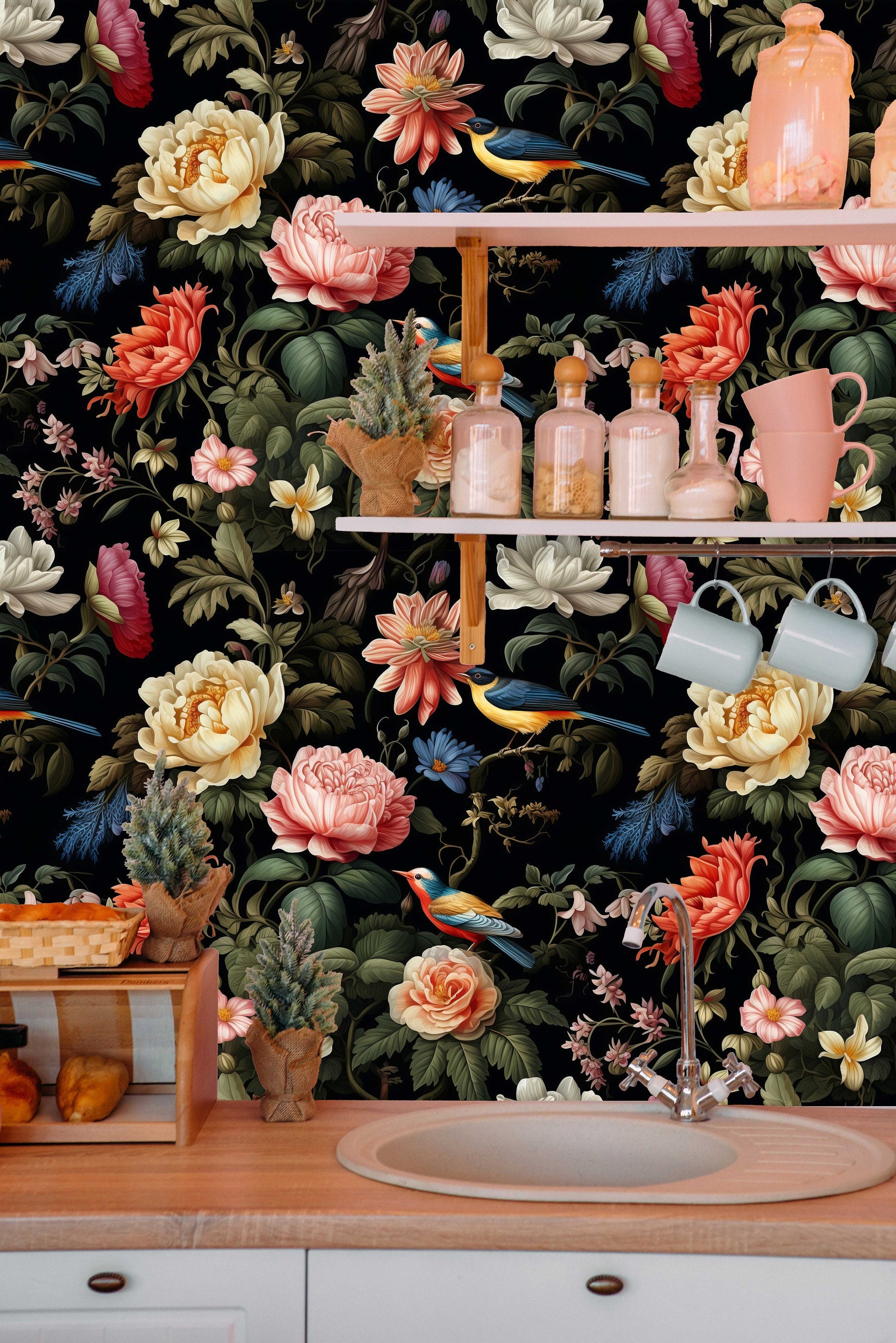 Vintage Dark Floral Elegant Floral Wallpaper – room setting, Golden Era Walls