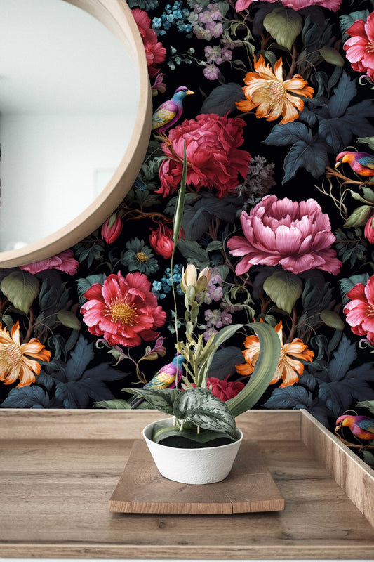Vintage Dark Floral Elegant Floral Wallpaper – lifestyle view, Golden Era Walls