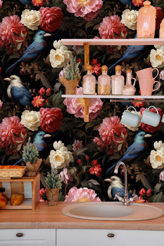 Watercolor Peony Floral Decor Floral Wallpaper – lifestyle view, Golden Era Walls