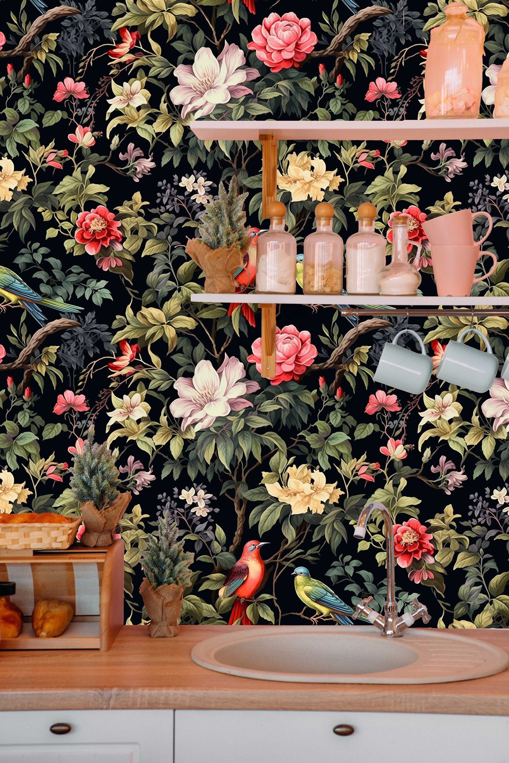 Secret Garden Whimsical Floral Wallpaper – scale reference, Golden Era Walls