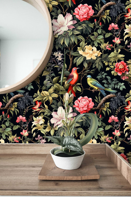 Secret Garden Whimsical Floral Wallpaper – room setting, Golden Era Walls