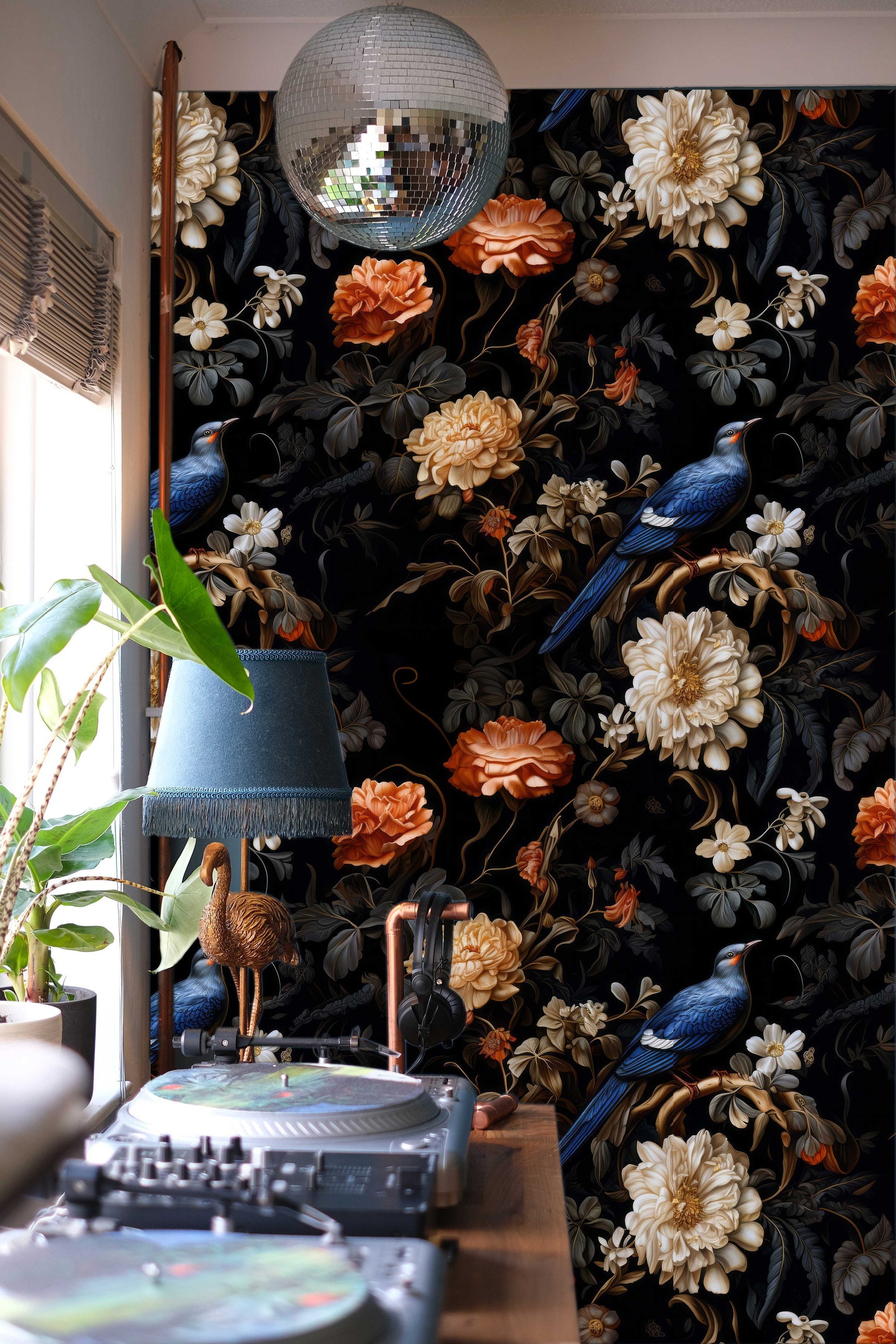 Dark Botanical Vintage Birds Floral Wallpaper – room setting, Golden Era Walls