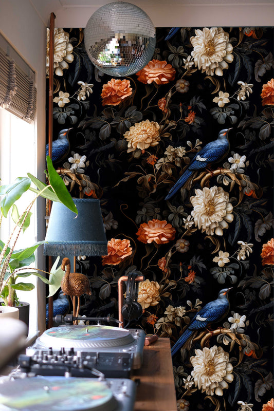 Dark Botanical Vintage Birds Floral Wallpaper – room setting, Golden Era Walls