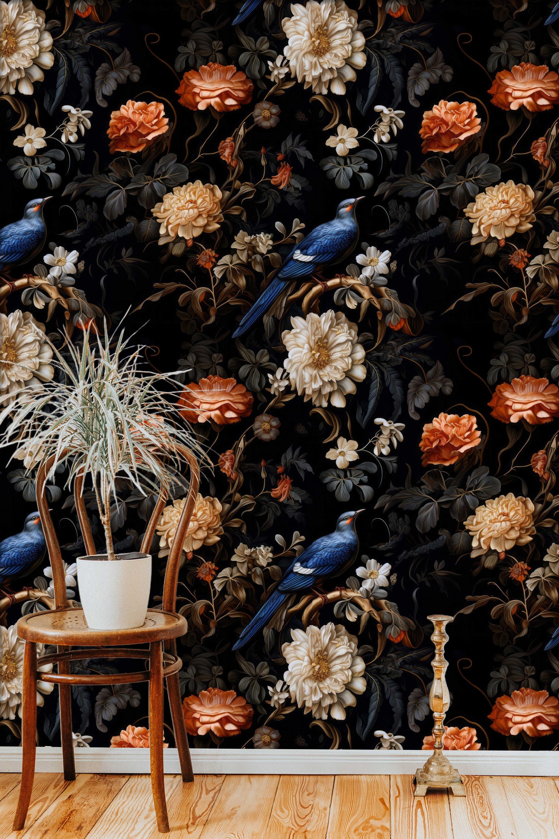 Dark Botanical Vintage Birds Floral Wallpaper – detail view, Golden Era Walls