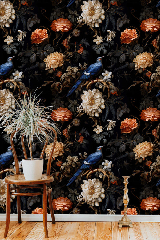 Dark Botanical Vintage Birds Floral Wallpaper – detail view, Golden Era Walls