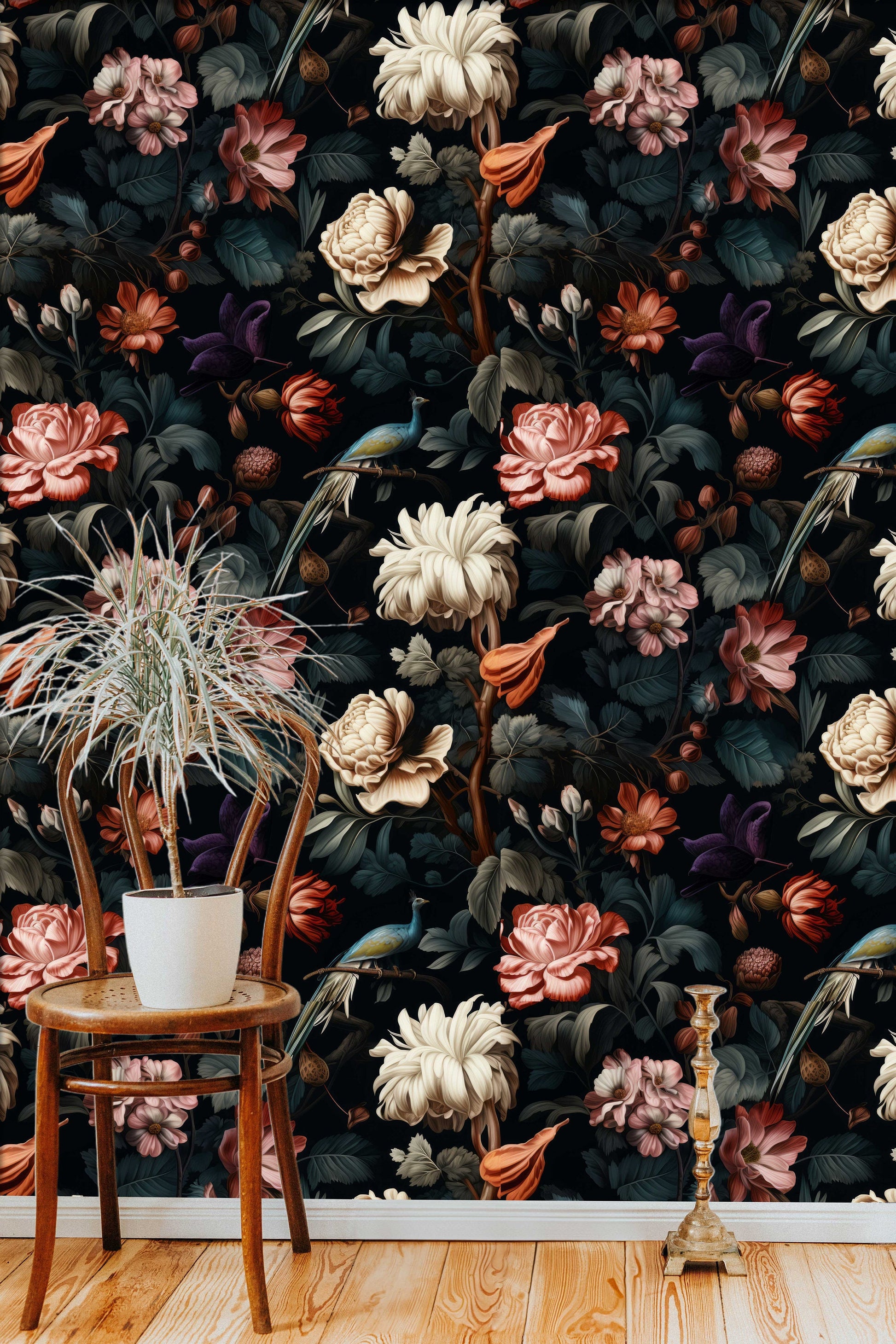 Timeless Elegance Dark Floral Wallpaper Pattern – additional view, Golden Era Walls