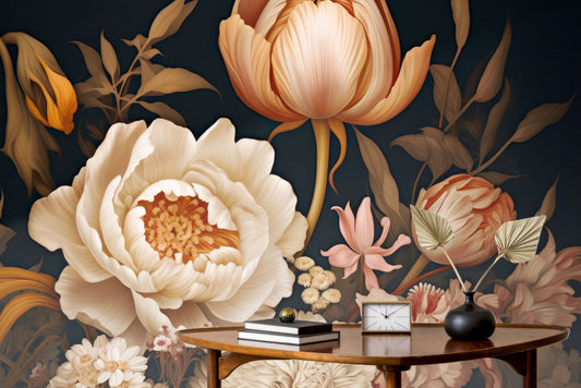 Floral Dark Peony Blossom Floral Wallpaper – peel and stick wallpaper mural, Golden Era Walls