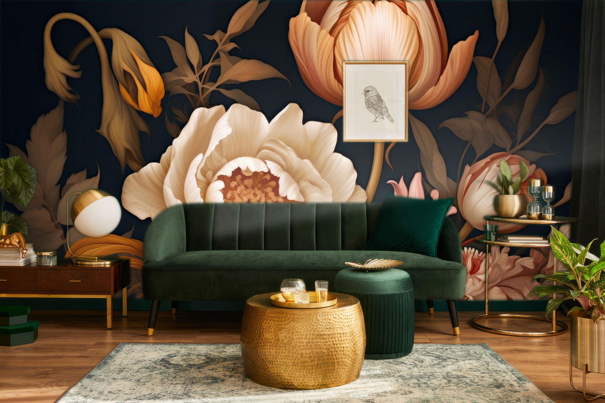 Floral Dark Peony Blossom Floral Wallpaper – scale reference, Golden Era Walls