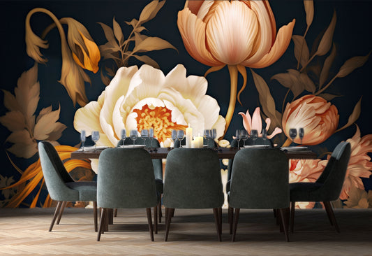 Floral Dark Peony Blossom Floral Wallpaper – detail view, Golden Era Walls
