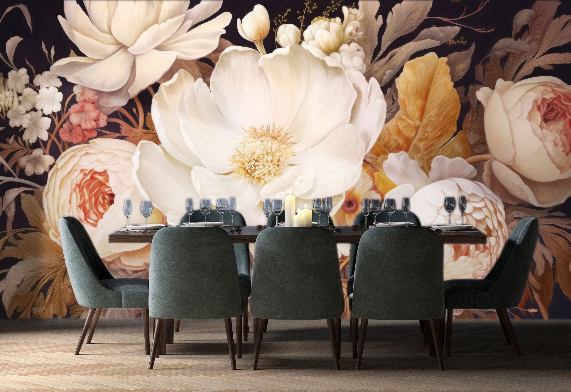 Floral Self Adhesive Peony Floral Wallpaper – room setting, Golden Era Walls