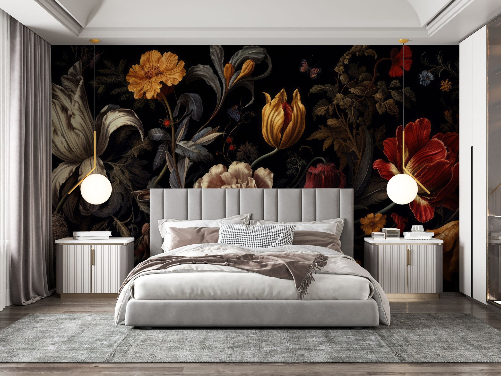 Floral Watercolor Peonies Dark Floral Wallpaper – scale reference, Golden Era Walls
