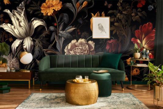 Floral Watercolor Peonies Dark Floral Wallpaper – lifestyle view, Golden Era Walls
