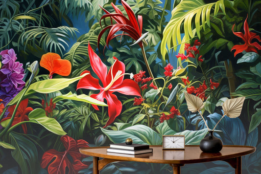Tropical Floral Self Adhesive Floral Wallpaper – detail view, Golden Era Walls