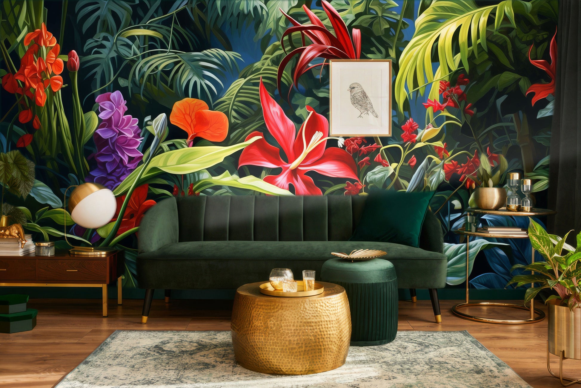 Tropical Floral Self Adhesive Floral Wallpaper – room setting, Golden Era Walls