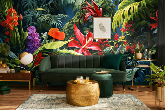 Tropical Floral Self Adhesive Floral Wallpaper – room setting, Golden Era Walls