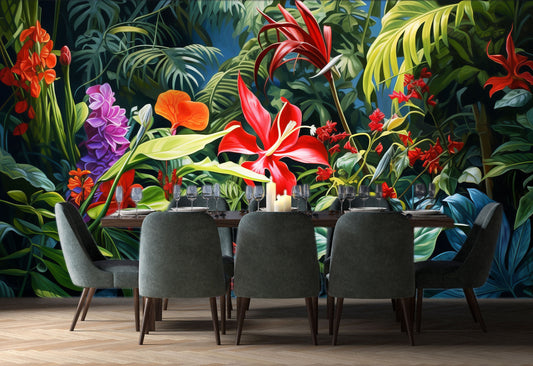 Tropical Floral Self Adhesive Floral Wallpaper – lifestyle view, Golden Era Walls