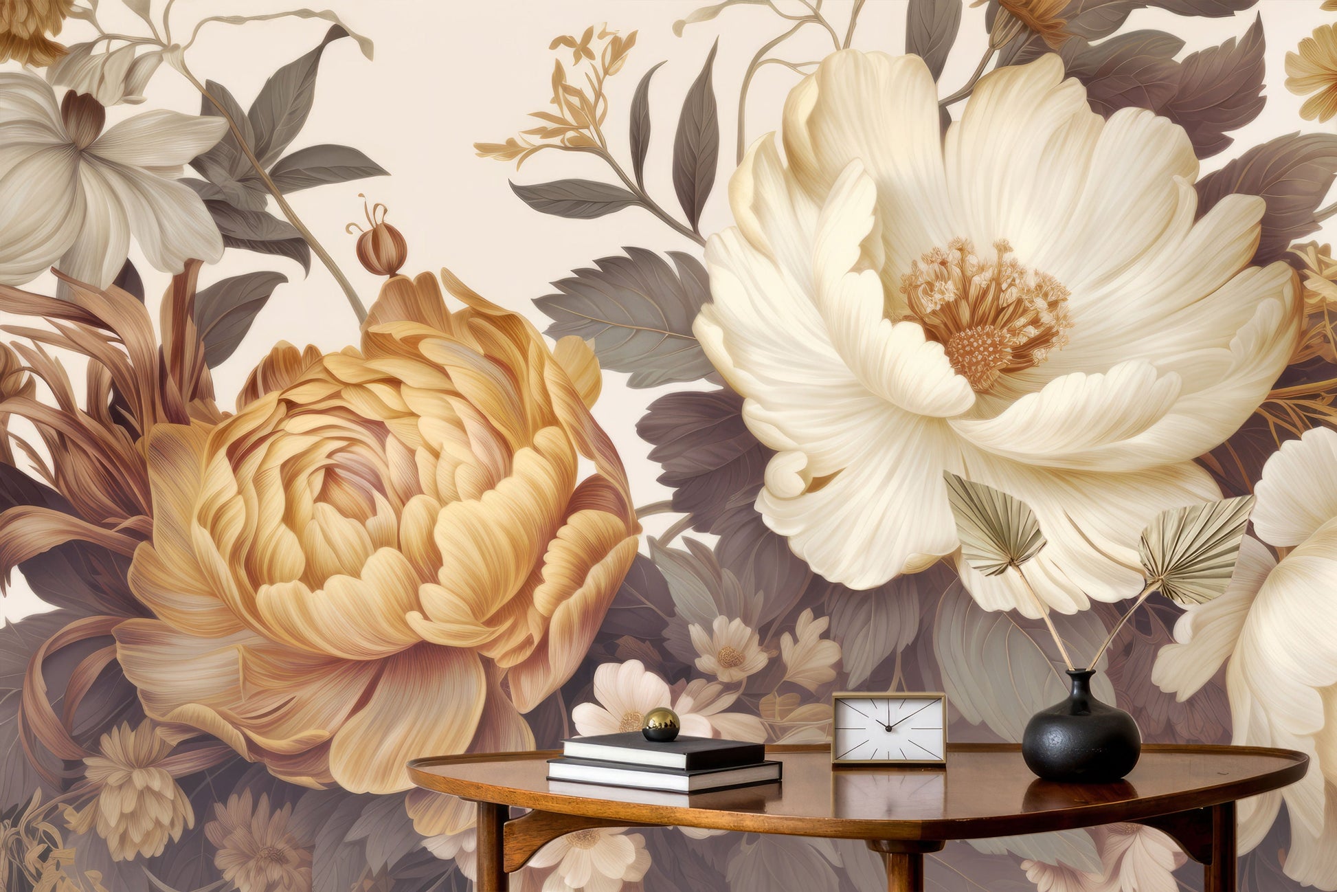 Gold Peony Watercolor Soft Floral Wallpaper – peel and stick wallpaper mural, Golden Era Walls