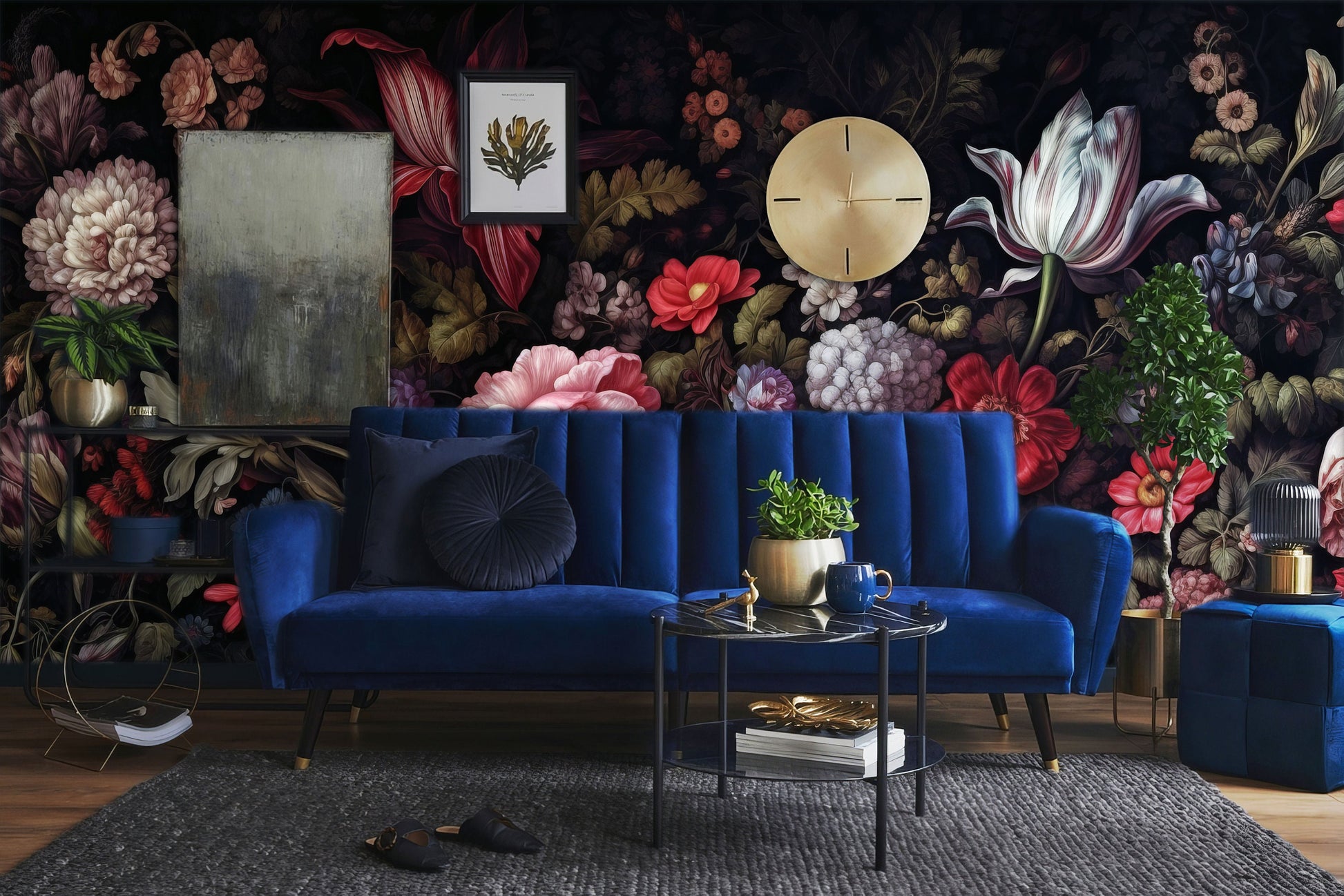 Watercolor Dark Peony Floral Floral Wallpaper – scale reference, Golden Era Walls