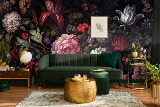 Watercolor Dark Peony Floral Floral Wallpaper – lifestyle view, Golden Era Walls