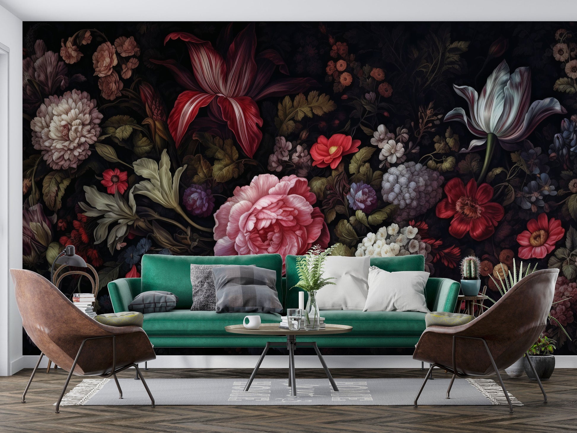 Watercolor Dark Peony Floral Floral Wallpaper – detail view, Golden Era Walls