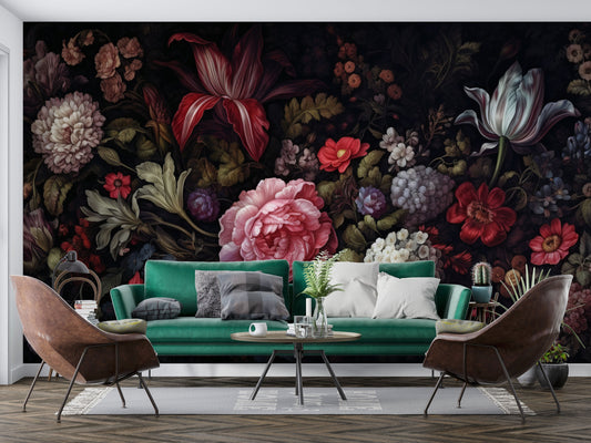 Watercolor Dark Peony Floral Floral Wallpaper – detail view, Golden Era Walls